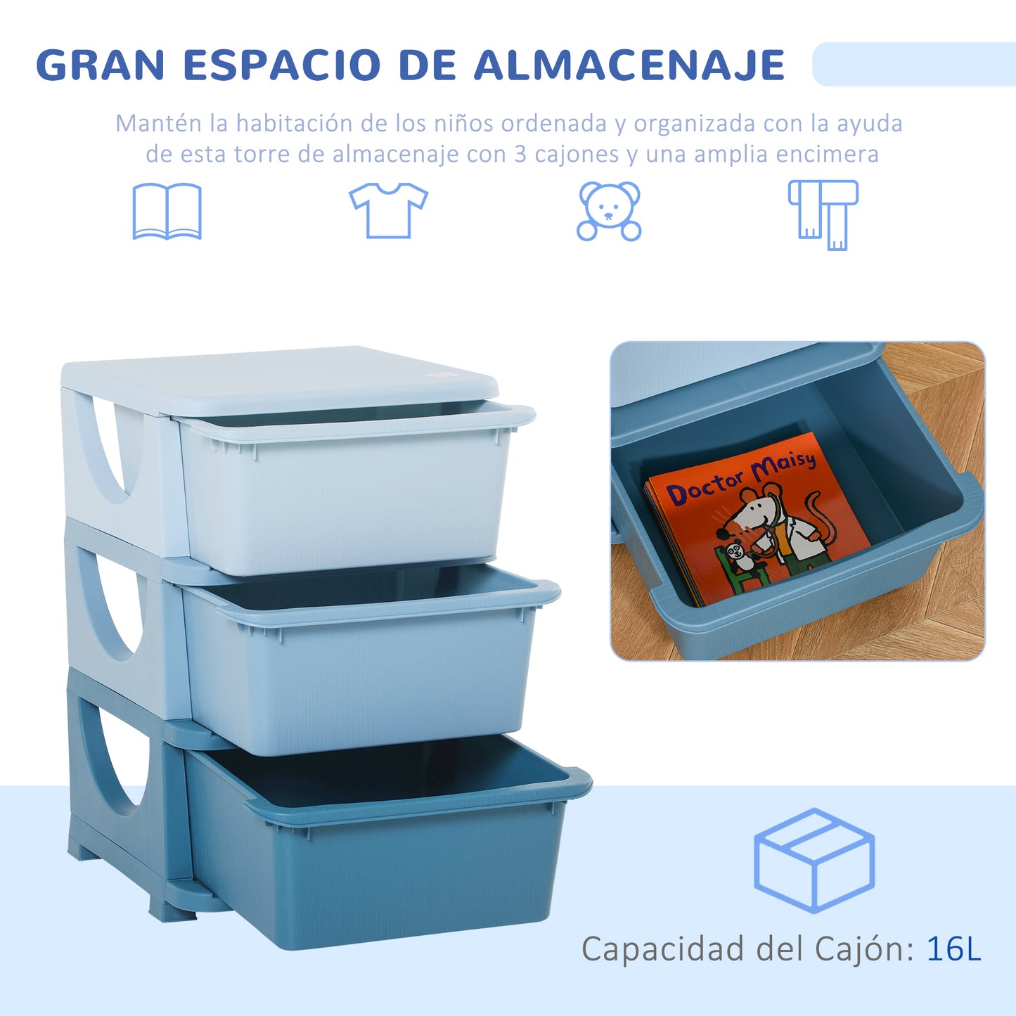 HOMCOM Torre de Almacenamiento Infantil con 3 Cajones Organizador de Juguetes para Niños +3 Años Gran Almacenaje con Asas para Juguetes Ropa Libros 37x37x56,5 cm Azul