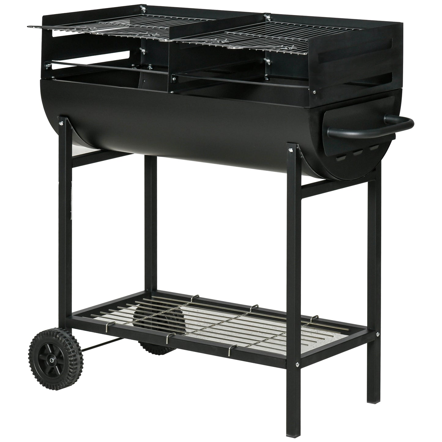 Outsunny Barbacoa de Carbón con Parrilla Ajustable en Altura para Exterior Barbacoa Portátil con Estante de Almacenaje y Ruedas 90x45x96 cm Negro