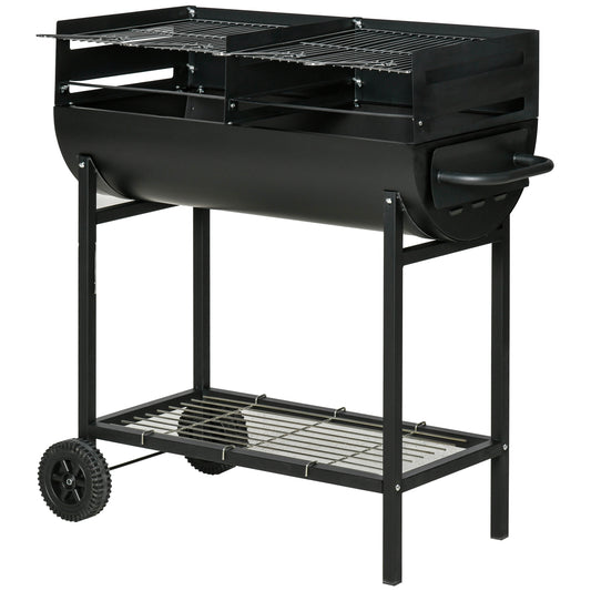 Outsunny Barbacoa de Carbón con Parrilla Ajustable en Altura para Exterior Barbacoa Portátil con Estante de Almacenaje y Ruedas 90x45x96 cm Negro