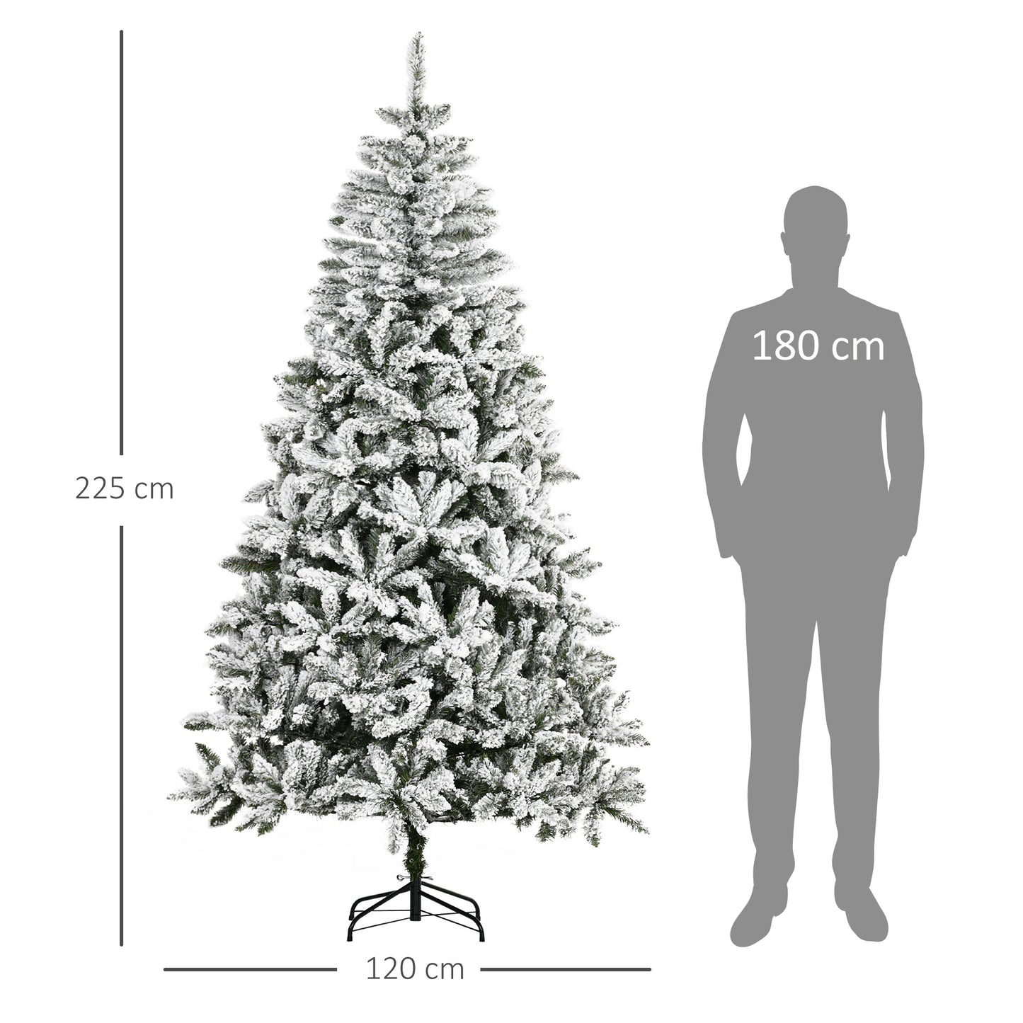 HOMCOM Árbol de Navidad Artificial 225 cm con Nieve Ignífugo con 1300 Ramas Hojas de PVC Apertura Automática Base Plegable y Soporte Metálico Decoración Navideña para Interiores Verde