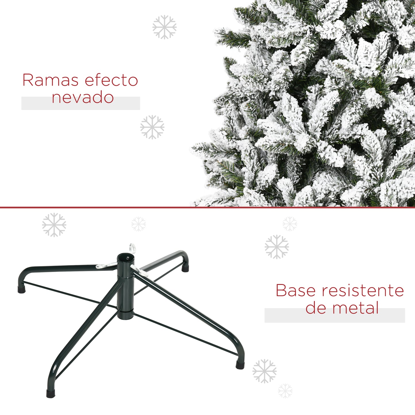 HOMCOM Árbol de Navidad Artificial 225 cm con Nieve Ignífugo con 1300 Ramas Hojas de PVC Apertura Automática Base Plegable y Soporte Metálico Decoración Navideña para Interiores Verde