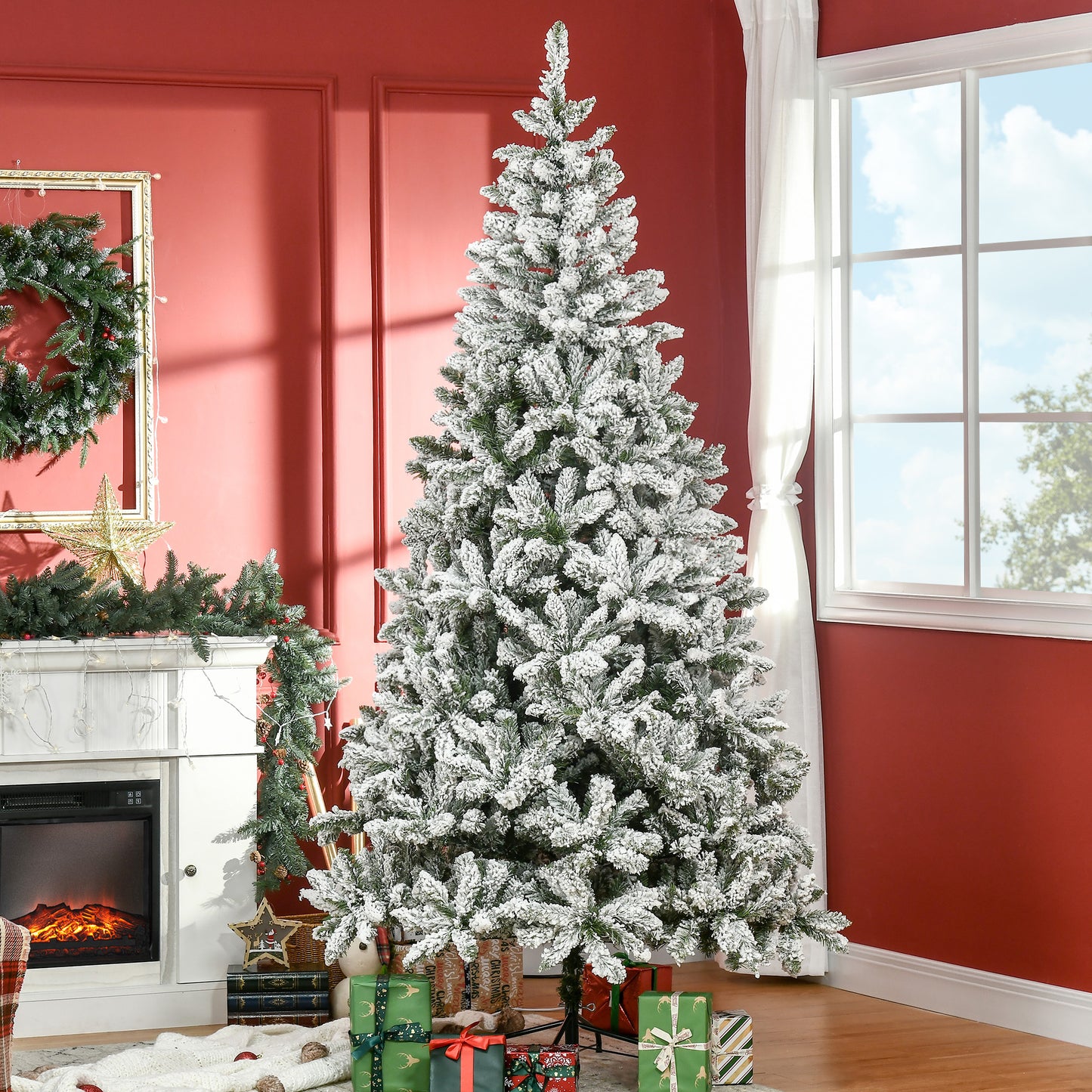 HOMCOM Árbol de Navidad Artificial 225 cm con Nieve Ignífugo con 1300 Ramas Hojas de PVC Apertura Automática Base Plegable y Soporte Metálico Decoración Navideña para Interiores Verde