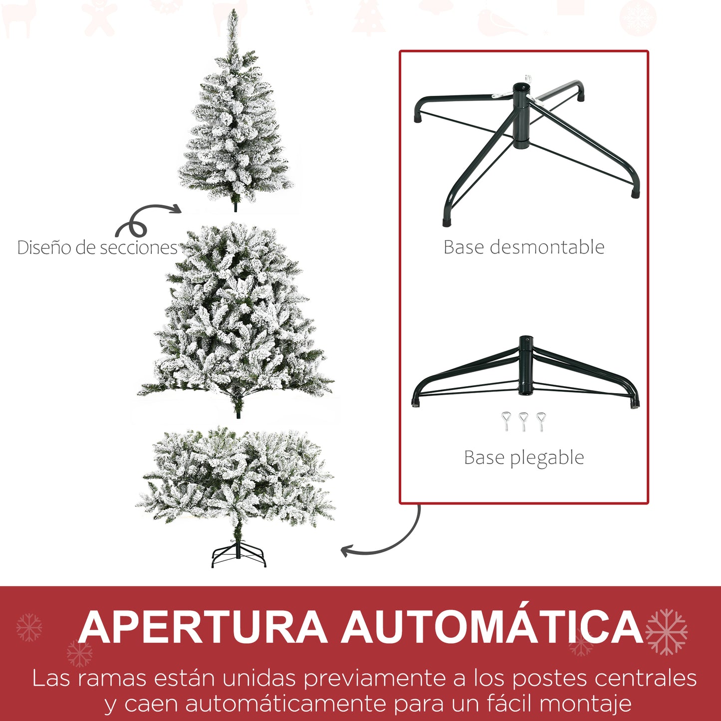 HOMCOM Árbol de Navidad Artificial 225 cm con Nieve Ignífugo con 1300 Ramas Hojas de PVC Apertura Automática Base Plegable y Soporte Metálico Decoración Navideña para Interiores Verde