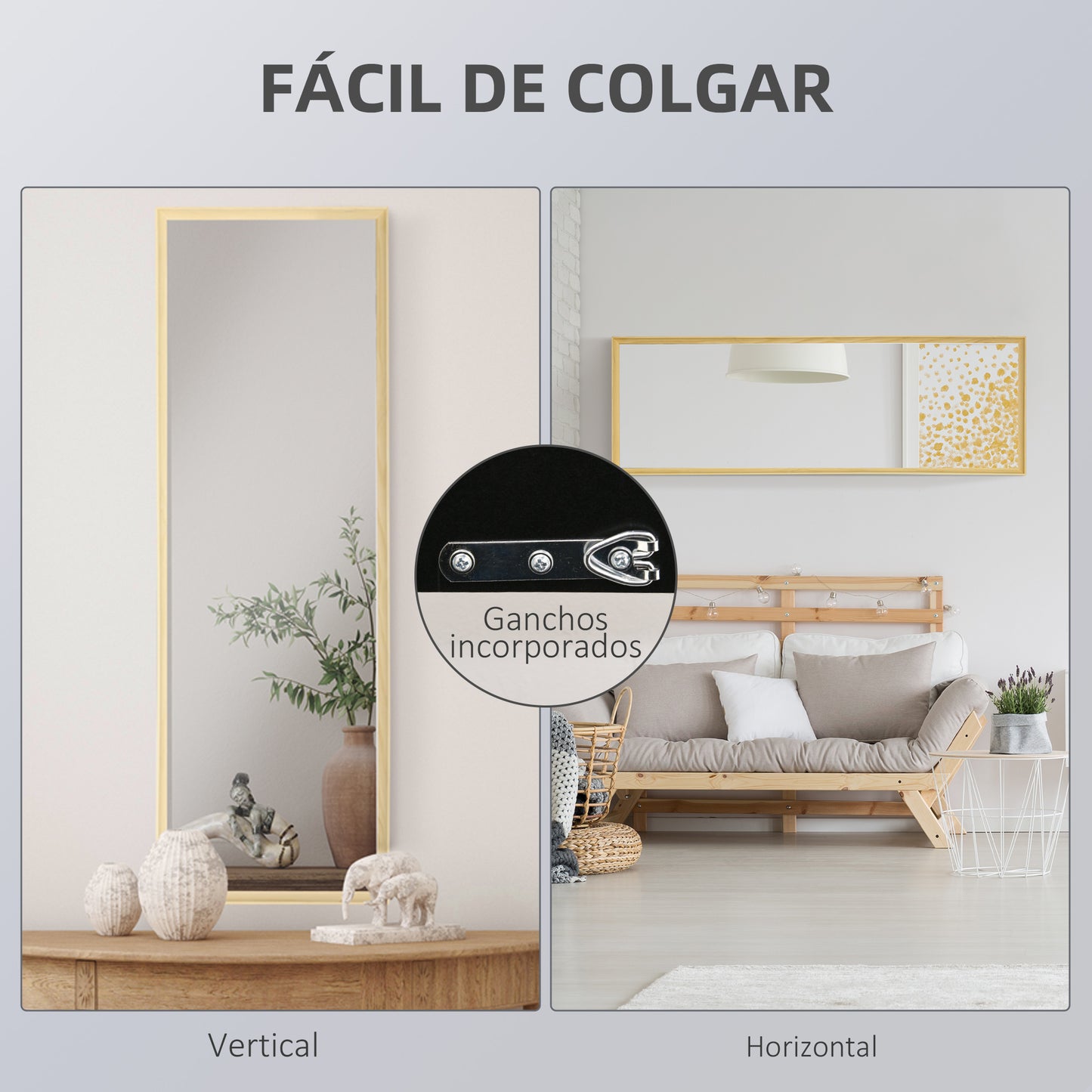 HOMCOM Espejo de Cuerpo Entero Moderno 163x53,5 cm Espejo de Pie Espejo de Suelo de Madera Colgar Vertical u Horizontal Decorativo para Salón Dormitorio Cocina Natural