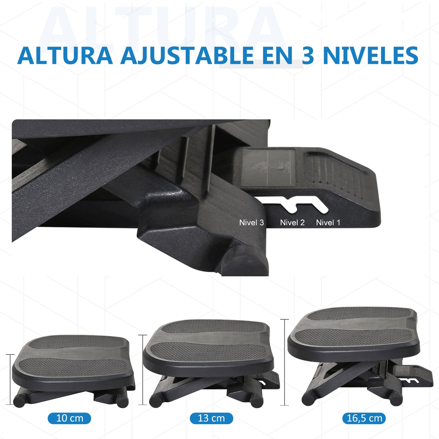 HOMCOM Multifuncional Reposapiés con Superficie Antideslizante Plataforma Inclinación de 0-30° Masaje 3 Niveles Altura Ajustable Apto a Oficina Casa Negro 45x34x(10-16.5)cm