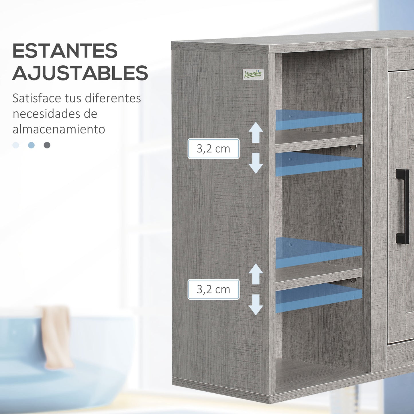 kleankin Armario de Baño de Pared con 3 Estantes Abiertos y 1 Puerta Mueble Auxiliar Suspendido para Salón Aseo Dormitorio Estilo Moderno 48x20x50 cm Gris