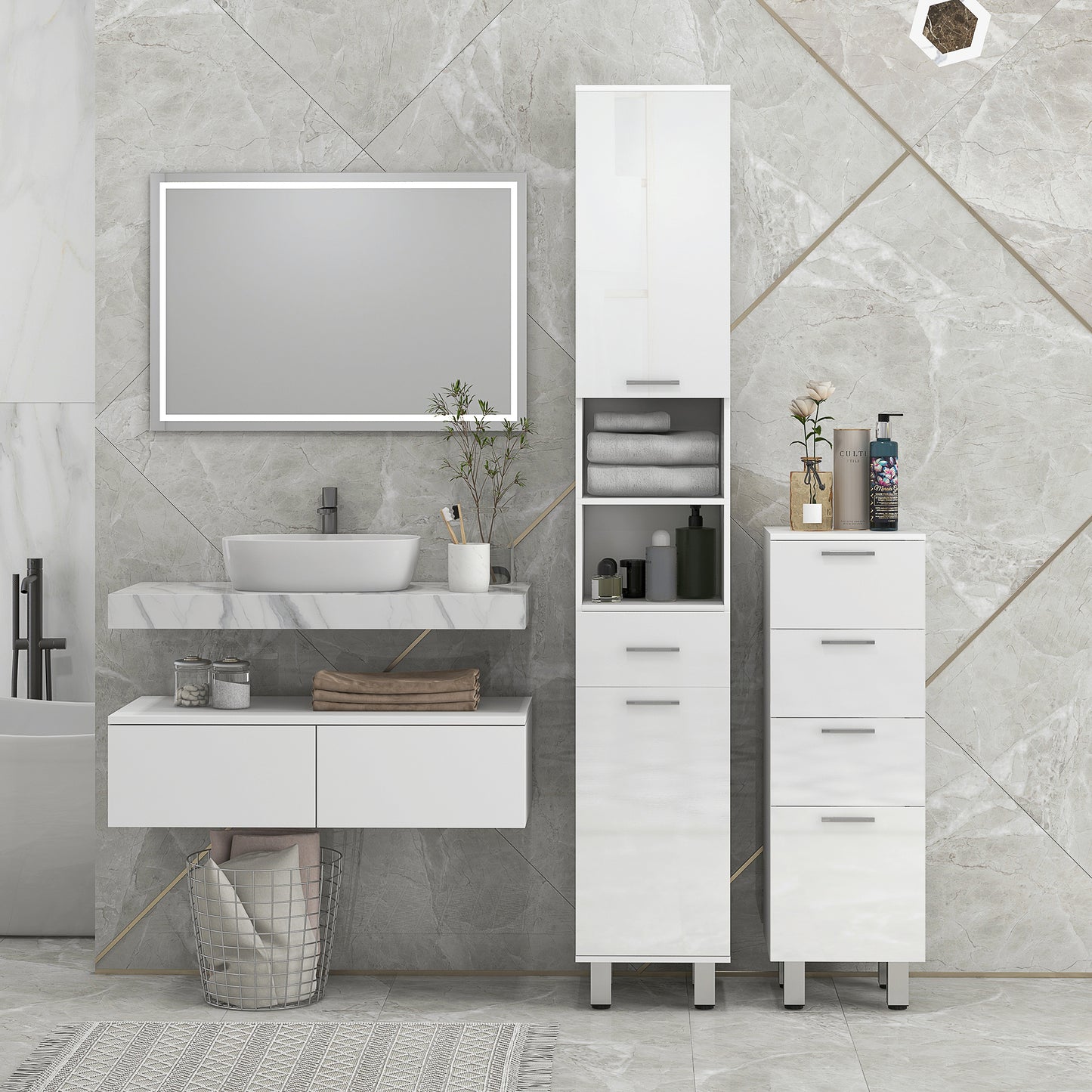 kleankin Mueble Auxiliar Baño Moderno Armario de Baño con 4 Cajones y 4 Patas Mueble de Almacenaje para Salón Dormitorio Antivuelco Carga 30 kg 30x30x93 cm Blanco Brillante