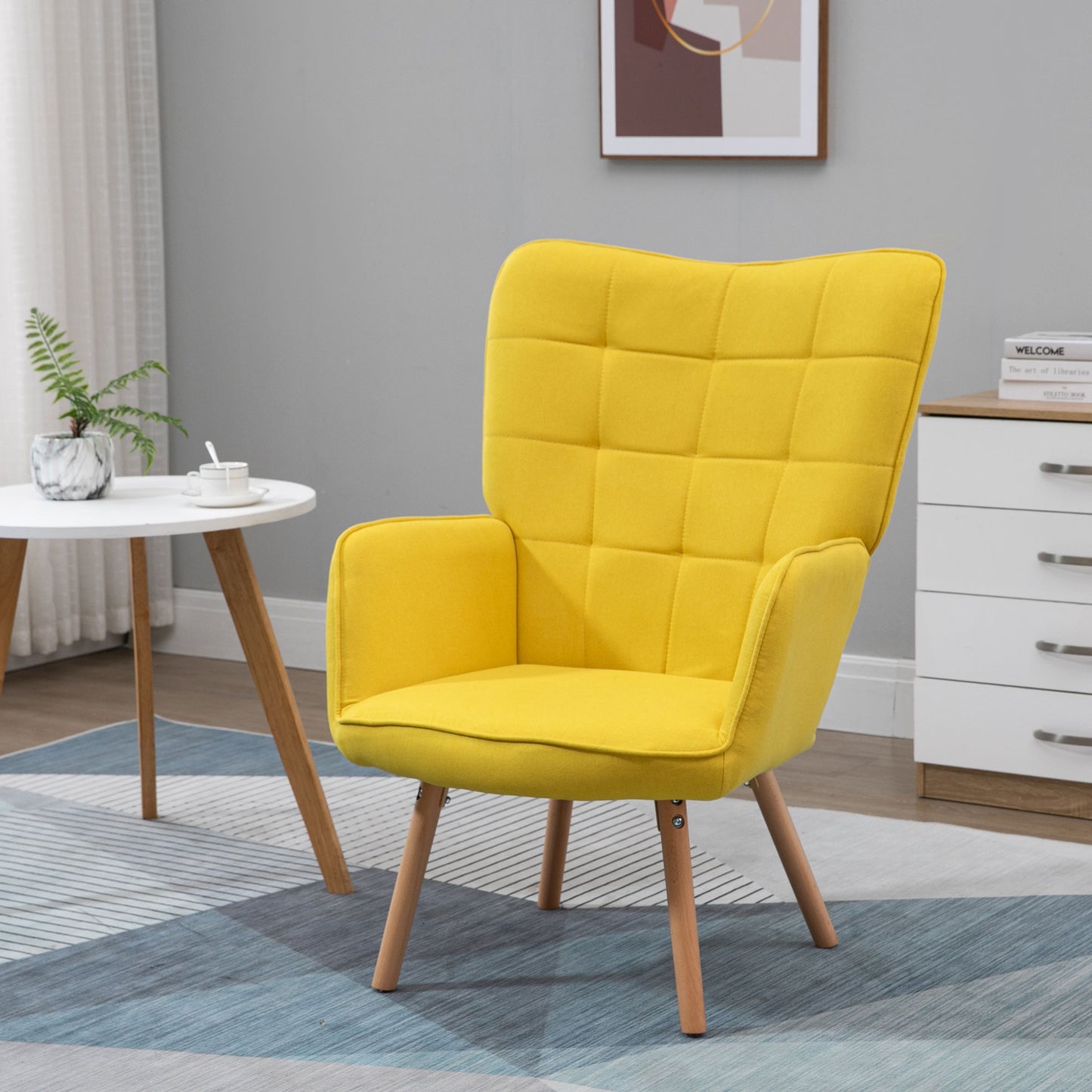 HOMCOM Sillón de Salón Moderno Butaca de Dormitorio con Respaldo Alto Reposabrazos Tela de Lino y Patas de Madera para Sala de Estar 71x76x101 cm Amarillo