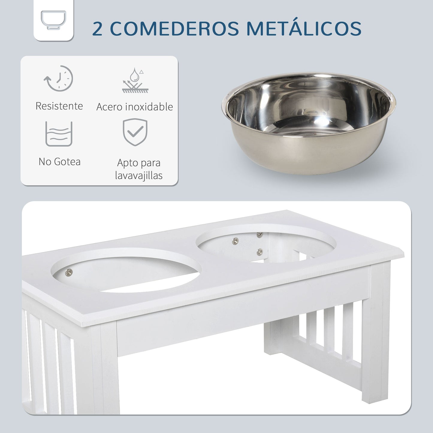 PawHut Comedero Elevado para Perros con Soporte y 2 Cuencos Extraíbles de Acero Inoxidable Alimentador para Mascotas Alimento y Agua 44x24x15 cm Blanco