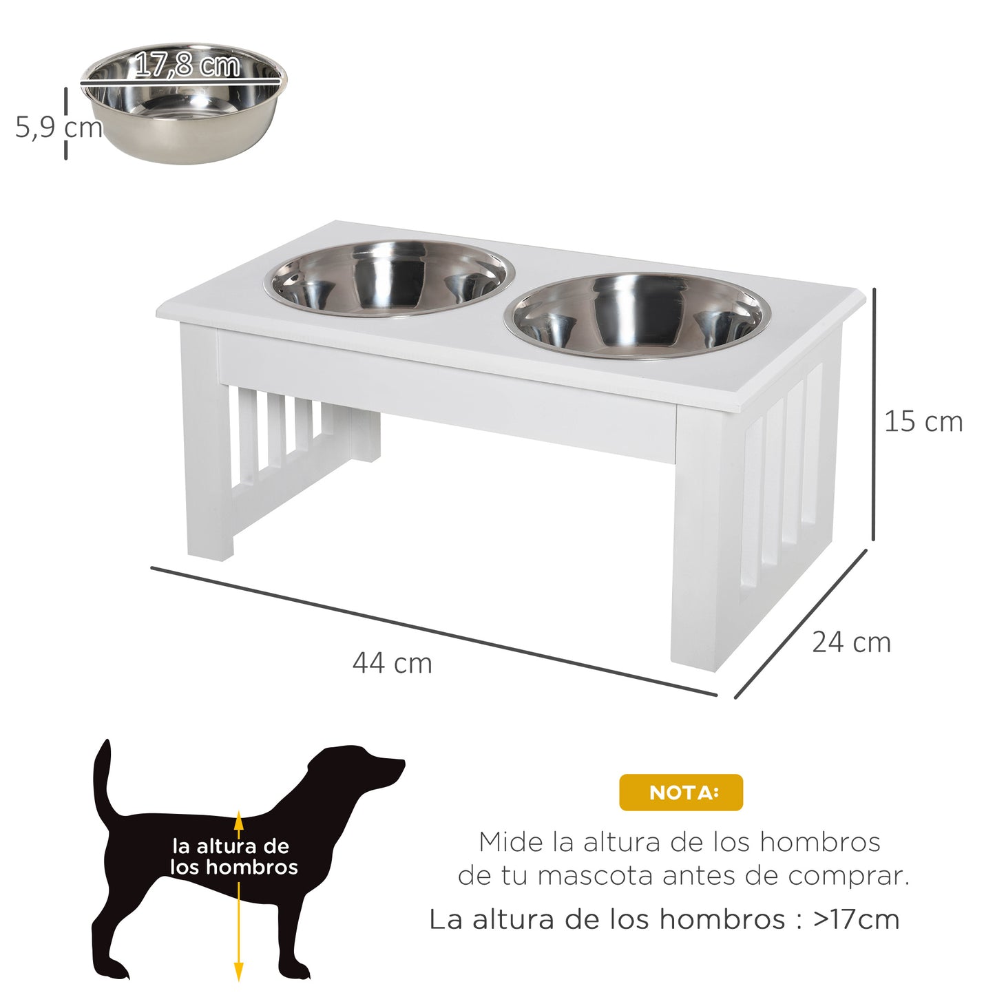 PawHut Comedero Elevado para Perros con Soporte y 2 Cuencos Extraíbles de Acero Inoxidable Alimentador para Mascotas Alimento y Agua 44x24x15 cm Blanco