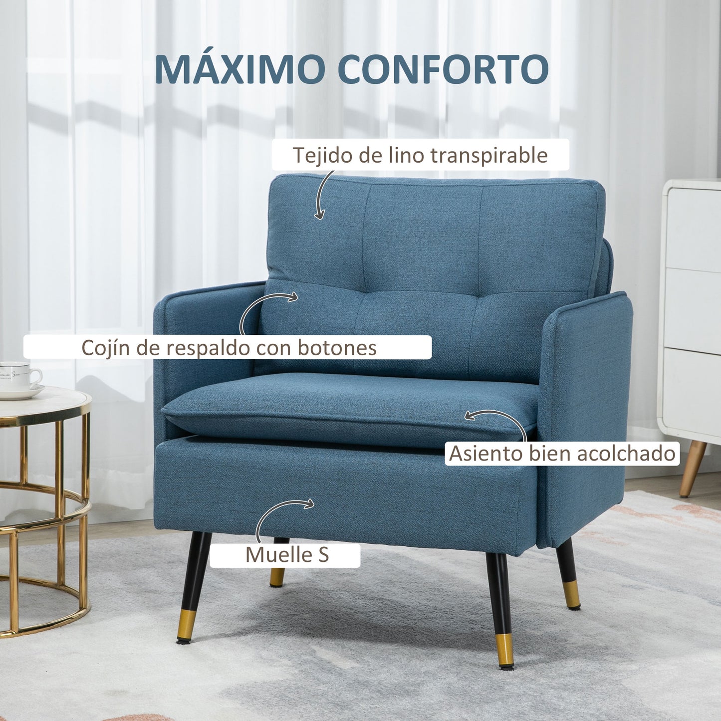 HOMCOM Butaca de Salón Sillón Relax con Reposabrazos Asiento Acolchado y Patas de Acero Sofá Individual de Moderno para Dormitorio 76x68x80 cm Azul Oscuro