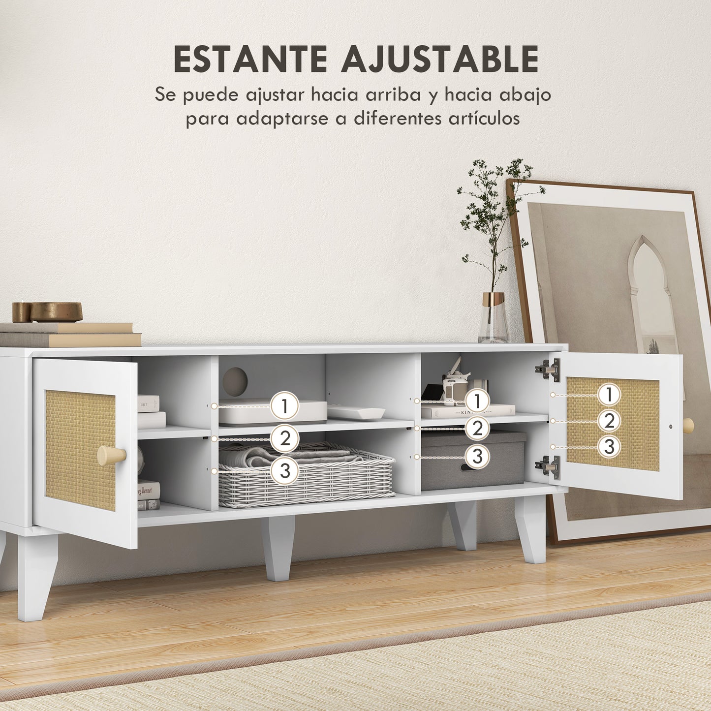 HOMCOM Mueble de TV Mueble de Salón para Televisores de hasta 55 Pulgadas con 2 Puertas de Ratán y Estante Ajustable para Dormitorio 120x35x46 cm Blanco