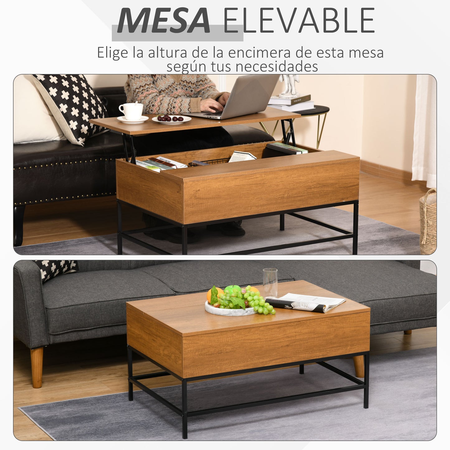 HOMCOM Mesa de Centro Elevable Mesita de Comedor Mesa de Café Versátil con Almacenaje Oculto Patas de Metal para Salón Comedor 90x60,5x45,5 cm Teca