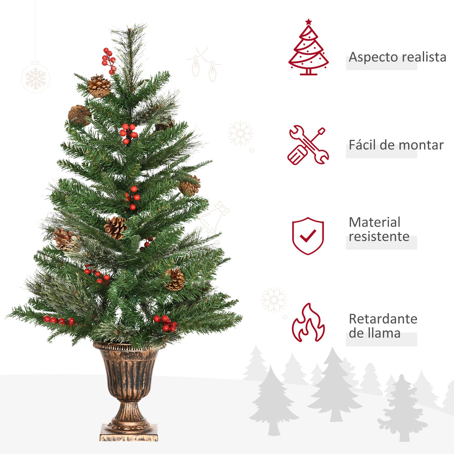 HOMCOM Juego de 2 Piezas de Árbol de Navidad Artificial 90 cm con Maceta Ignífugo con 110 Ramas 10 Bayas 8 Piñas y Hojas de PVC Decoración Navideña para Interiores Verde