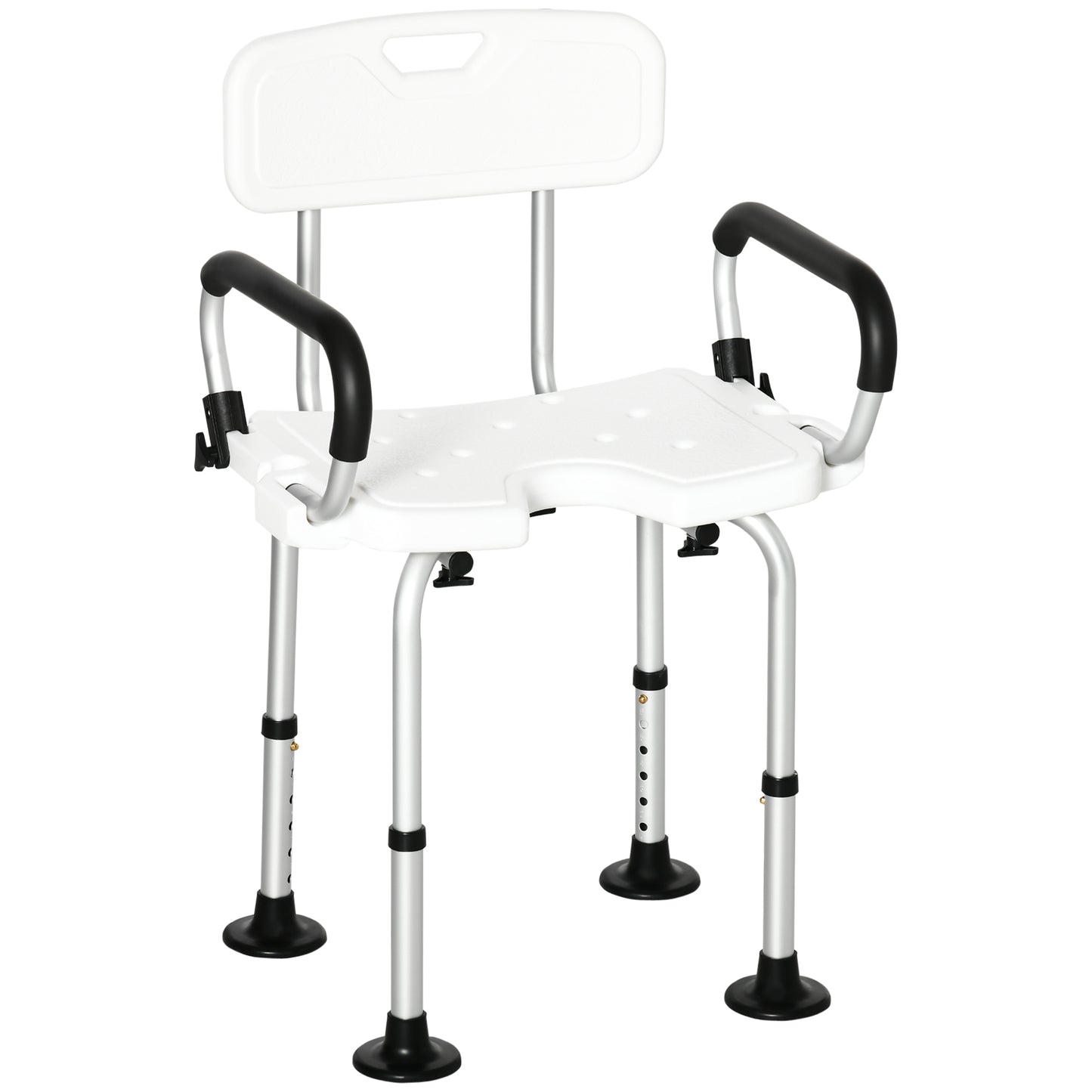 HOMCOM Silla Ducha Personas Mayores Silla para Ducha Taburete de Ducha Antideslizante con Altura Ajustable y Apoyabrazos Regulable Carga 136 kg