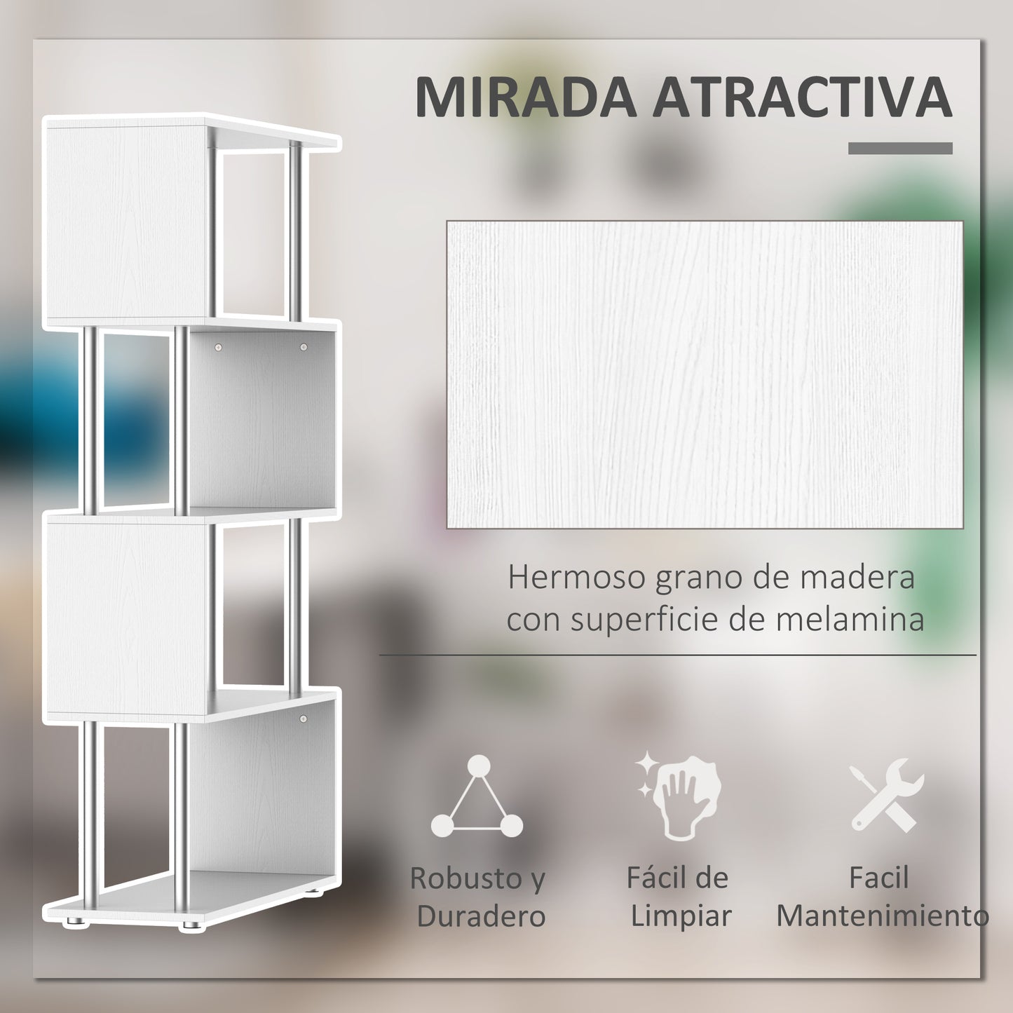 HOMCOM Librería en Forma S Estantería para Libros de 4 Niveles Mueble Estantería para Salón Oficina Estudio 80x30x145 cm Blanco