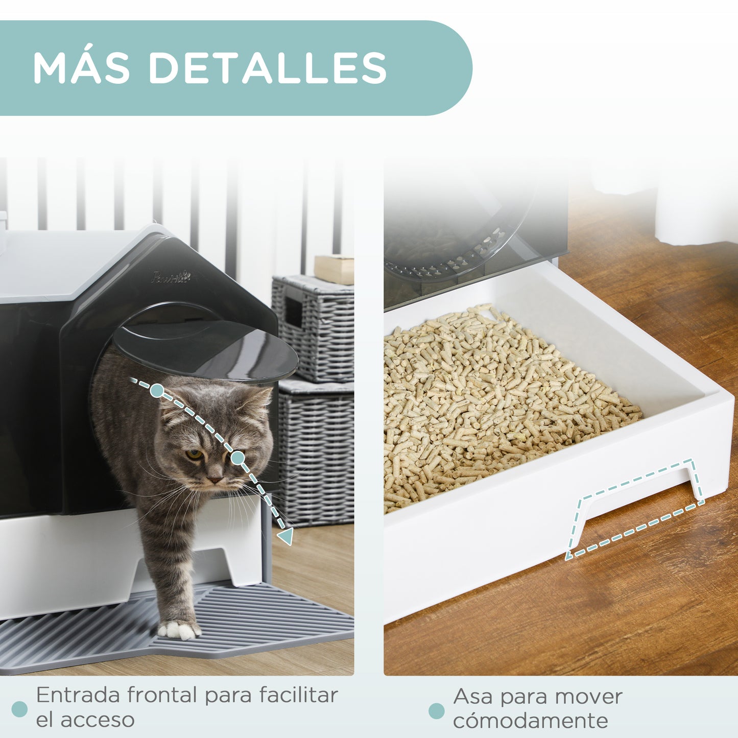 PawHut Arenero Cubierto para Gatos Caja de Arena Cerrada para Gatos con Bandeja Extraíble Pala Pedal Exterior y Filtro Desodorizante 47x45x42 cm Gris