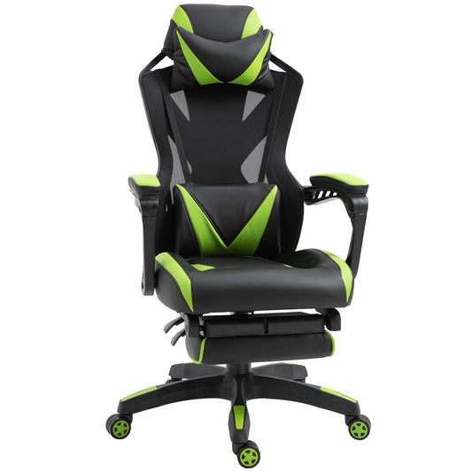 Vinsetto Silla Gaming Ergonómica Silla de Escritorio para Oficina con Altura Ajustable Respaldo Regulable de 170° Almohada Lumbar y Reposapiés Retráctil 65x70x117-125 cm Verde