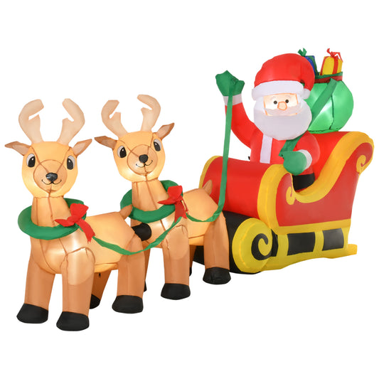 HOMCOM Papá Noel Inflable con Trineo y Renos con Luces LED Decoración de Navidad para Exterior Aire Libre con Inflador 240x57x112 cm Multicolor