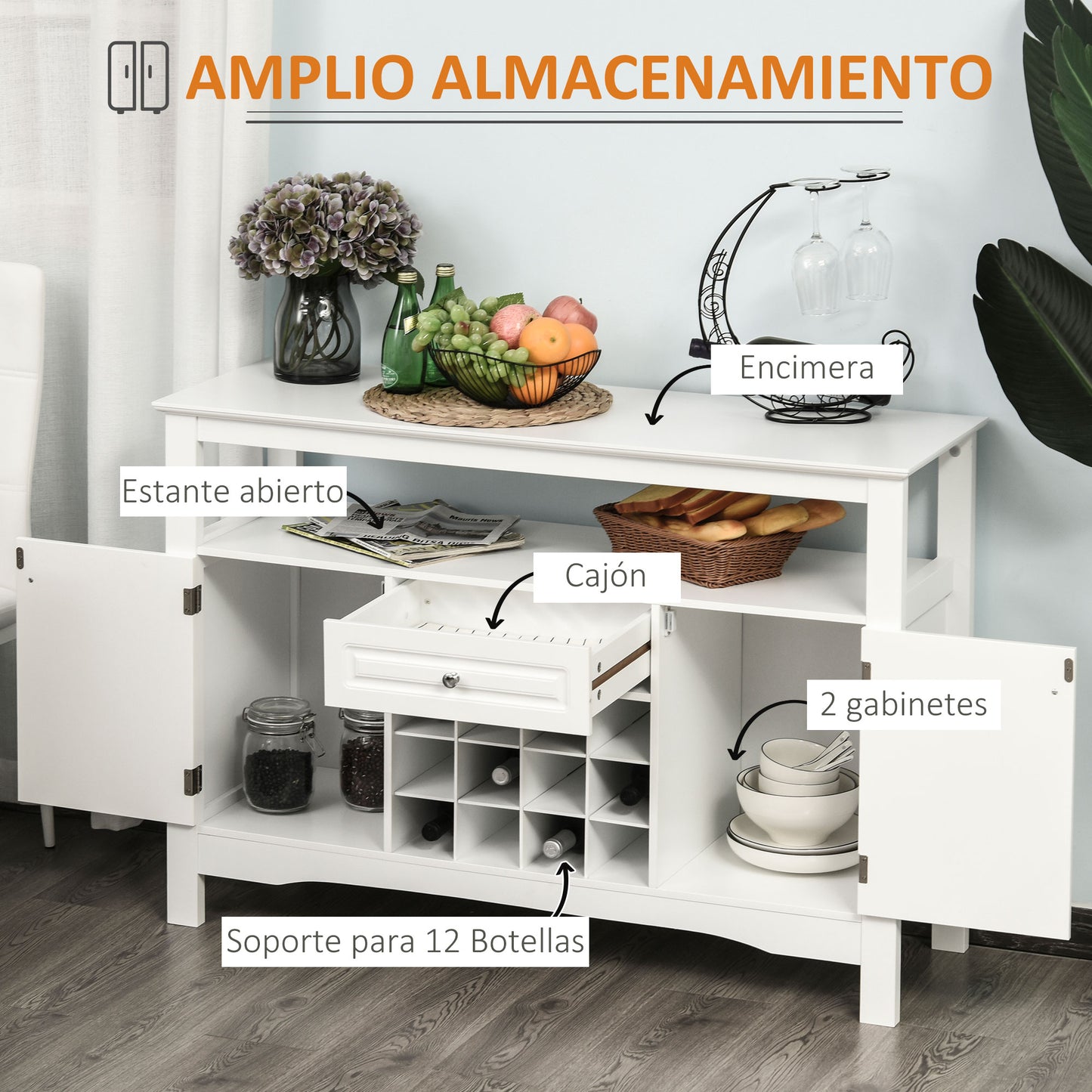 HOMCOM Aparador de Cocina Aparador de Comedor con 1 Cajón 1 Estante Abierto 2 Puertas y Botellero para 12 Botellas Armario de Almacenamiento para Salón 116,5x40x82,5 cm Blanco