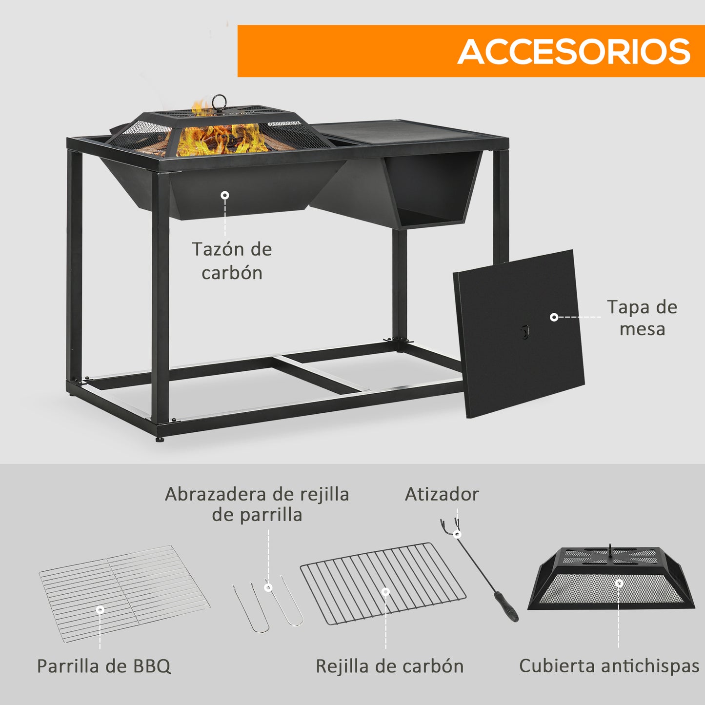 Outsunny 4 en 1 Brasero Exterior de Acero Galvanizado para Jardín Barbacoa de Leña Enfriador de Cubitos de Hielo Mesa de Jardín con Rejilla Protector de Chispas y Atizador 100x46,5x64 cm Negro