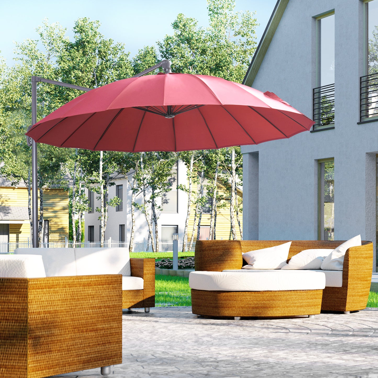 Outsunny Parasol Sombrilla de Jardín Ø300 cm de Diámetro con Manivela y Poste Giratorio 360° Techo Inclinable en 6 Posiciones Base Cruzada Incluida Rojo