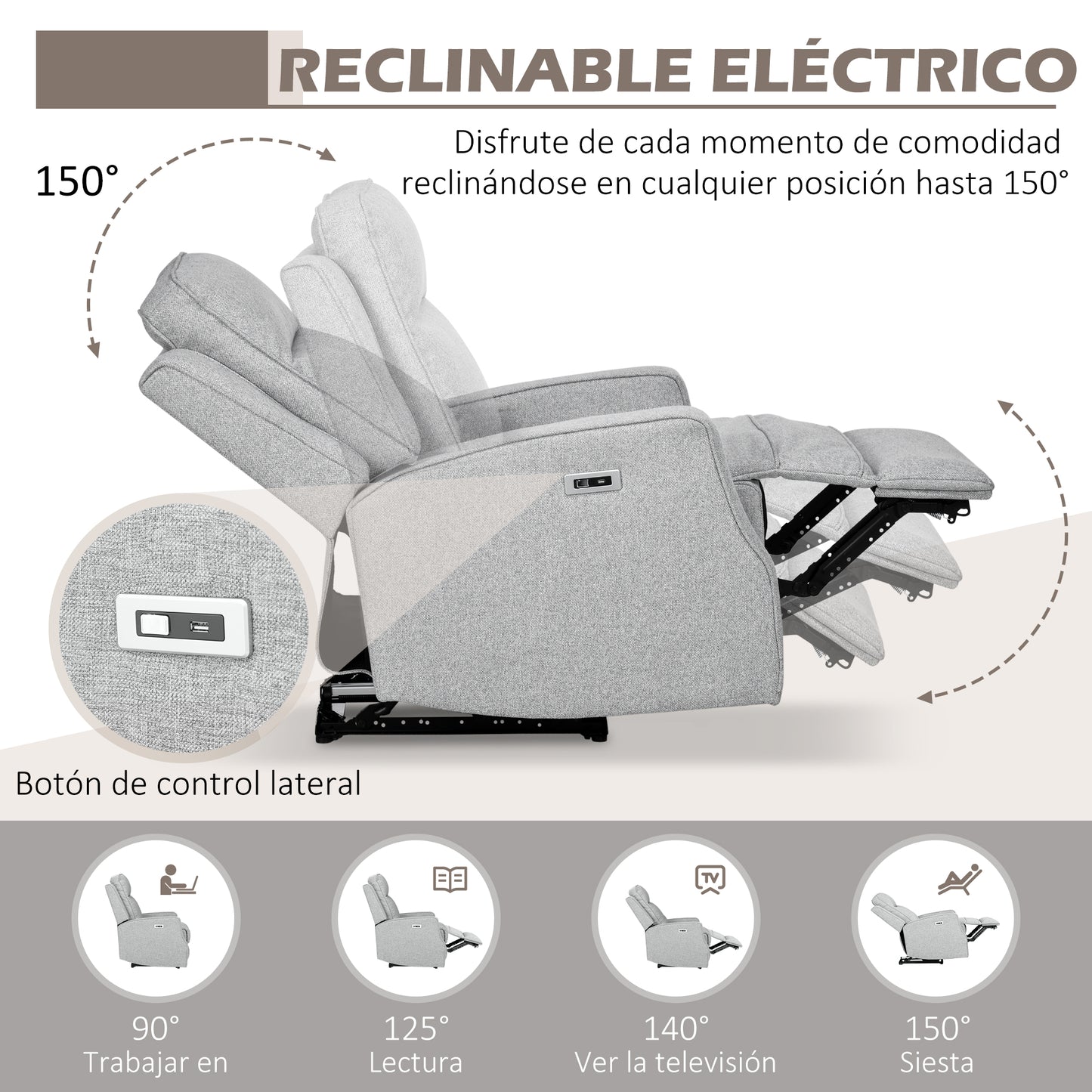 HOMCOM Sillón Relax Reclinable Eléctrico Sillón Relax de Salón con Reposabrazos Ángulo de Reclinación hasta 150°y USB Carga 136 kg Sofá Reclinable para Salón Oficina Dormitorio 84x92x104 cm Gris