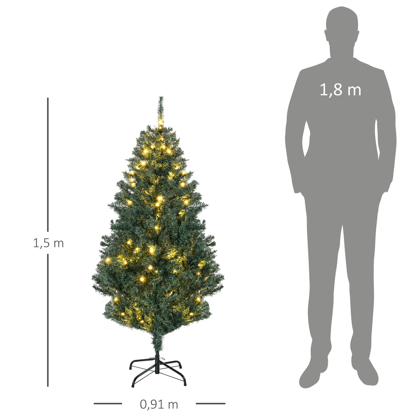 HOMCOM Árbol de Navidad Artificial 150 cm con 100 Luces LED con 8 Modos de Iluminación Árbol de Navideño con 472 Ramas y 80 Decoraciones Árbol Automático Acero Ø91x150 cm Verde