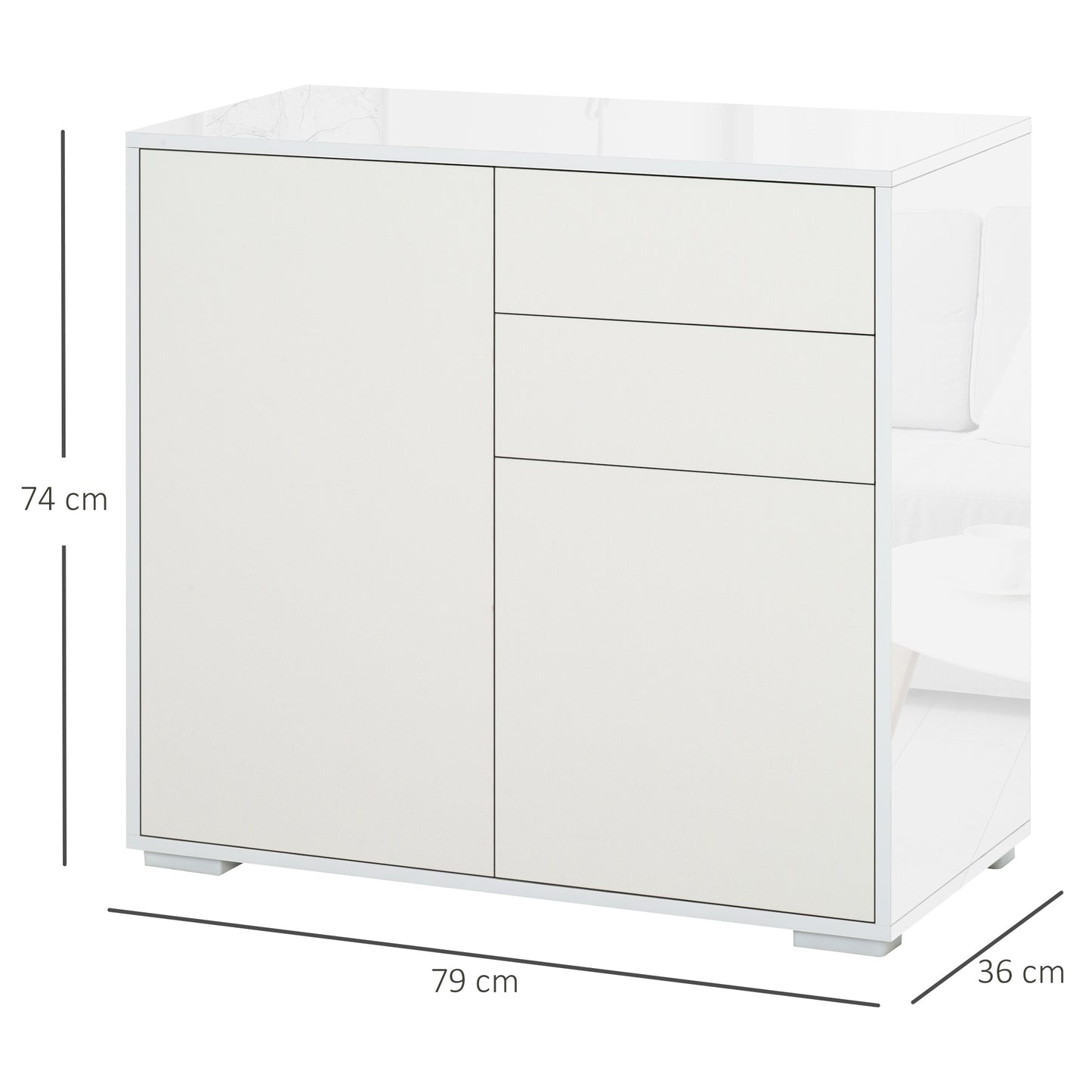 HOMCOM Aparador para Cocina con 2 Puertas 2 Cajones Marco de Blanco Brillante Estante Ajustable Apertura a Presión Armario de Almacenamiento para Dormitorio Salón 79x36x74 cm Blanco