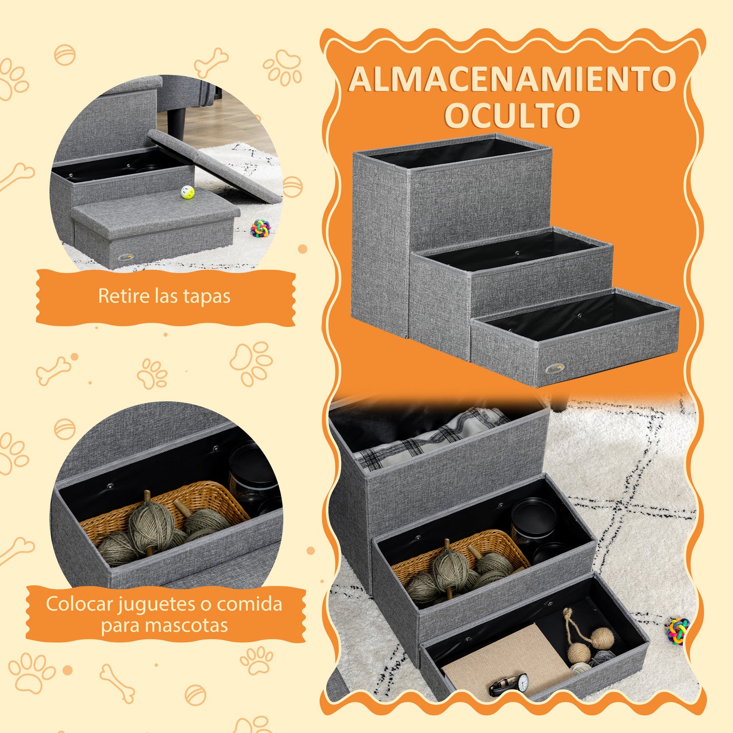 PawHut Escalera para Mascotas de 3 Peldaños Escalones para Perros Gatos con Tapas Abribles y Espacio de Almacenamiento 63,5x42,5x40,5 cm Gris