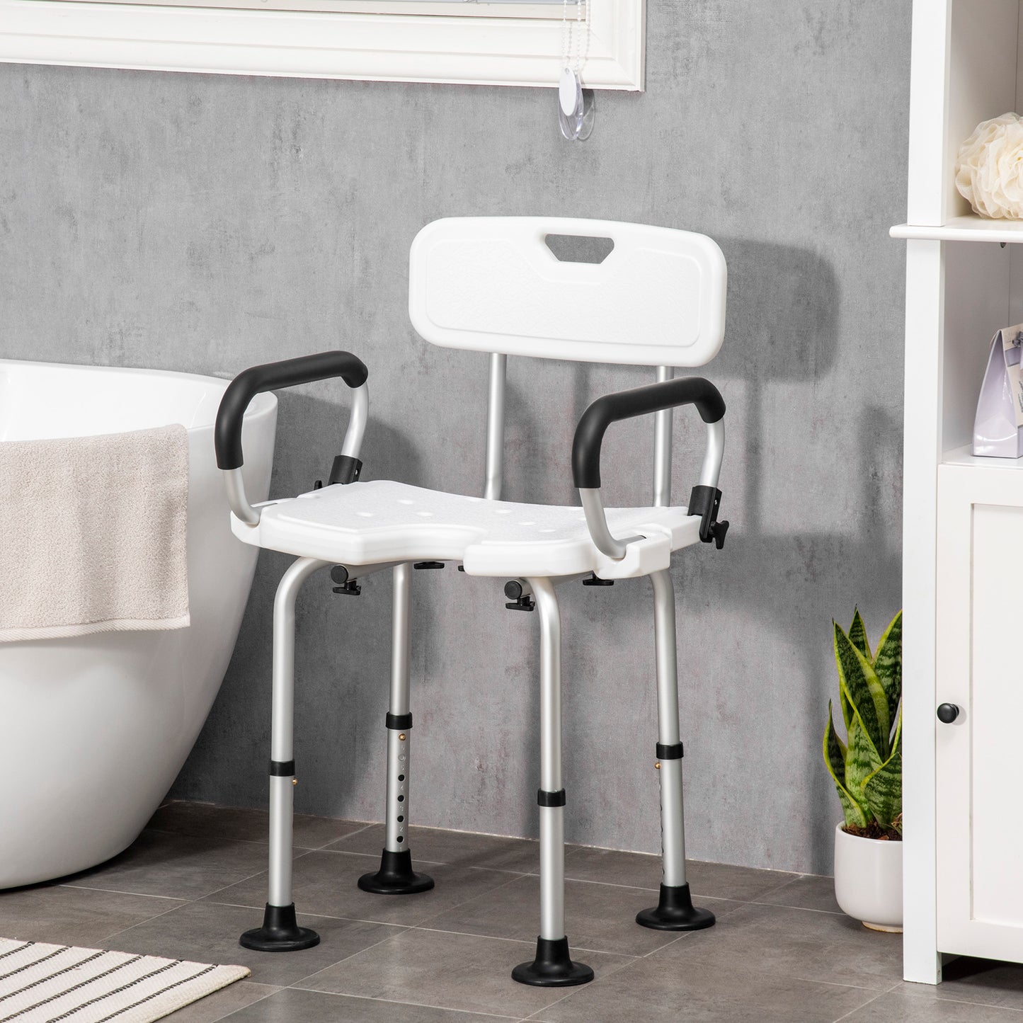 HOMCOM Silla Ducha Personas Mayores Silla para Ducha Taburete de Ducha Antideslizante con Altura Ajustable y Apoyabrazos Regulable Carga 136 kg