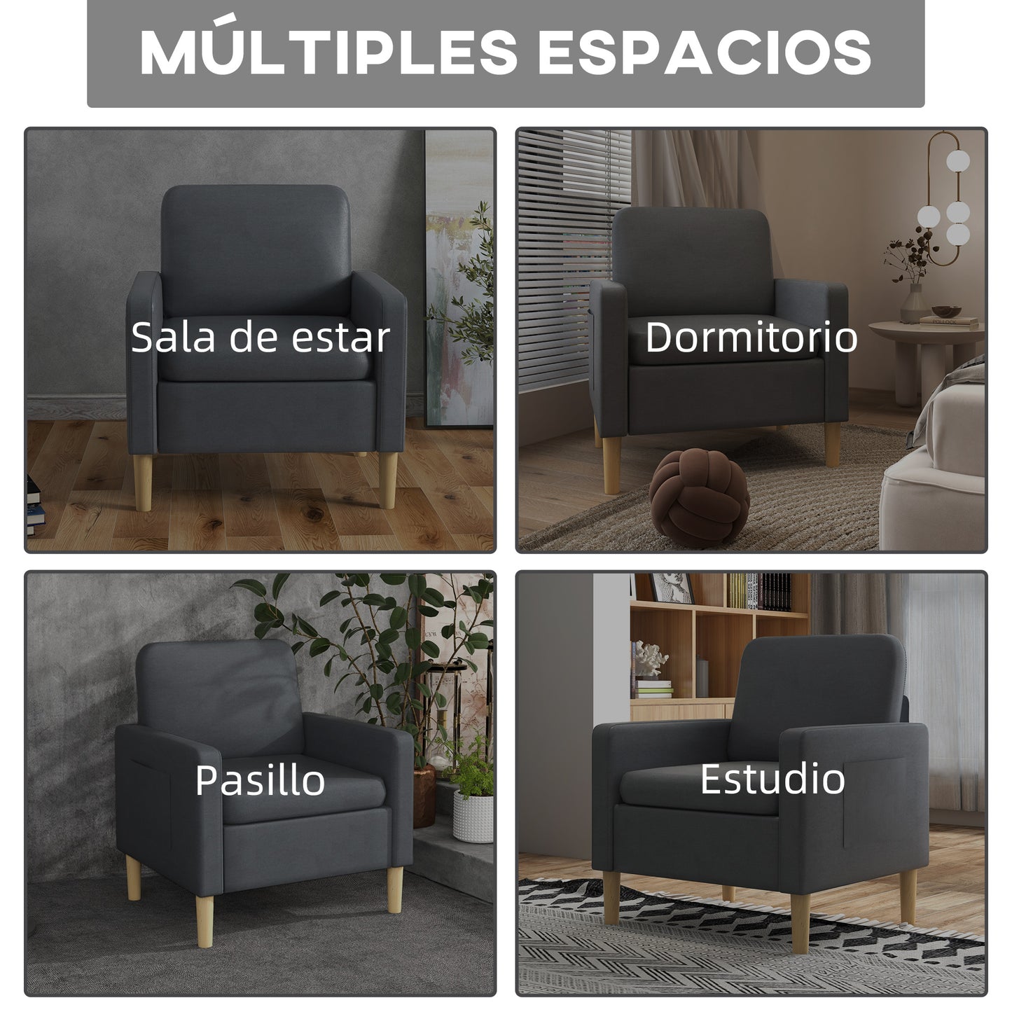 HOMCOM Butaca de Salón Sillón Relax con 2 Bolsillos Laterales Reposabrazos Asiento Acolchado y Patas de Madera Sofá Individual de Moderno para Dormitorio 73x79x87 cm Gris