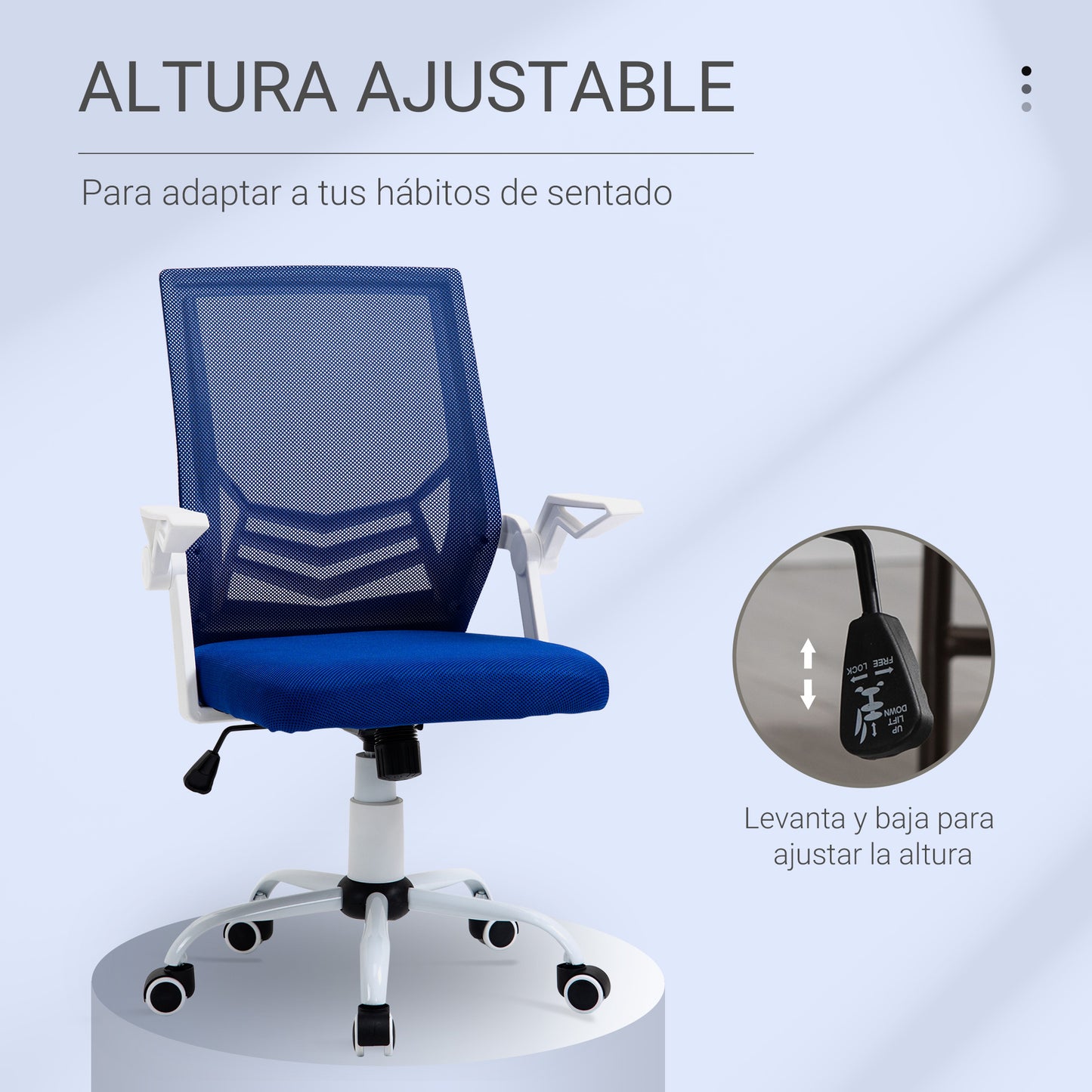 Vinsetto Silla de Oficina Ergonómica Silla Escritorio Giratoria con Altura Ajustable Reposabrazos Abatible Soporte Lumbar Transpirable para Adolescentes Adultos 62,5x55x94-104 cm Azul