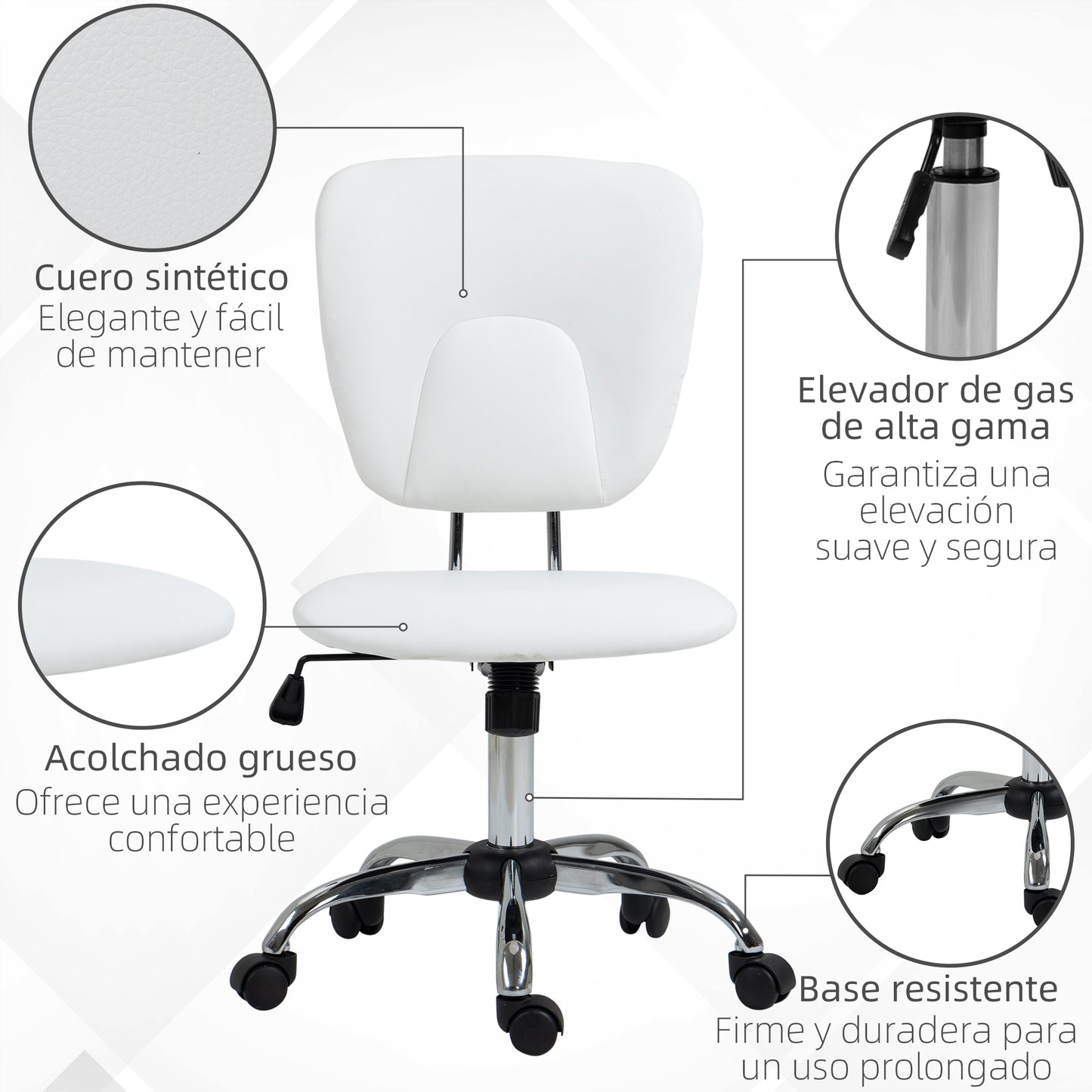 Vinsetto Silla de Oficina sin Reposabrazos Silla de Escritorio Juveniles con Altura Ajustable y Función de Inclinación Carga 120 kg 50x54x87,5-96,5 cm Blanco