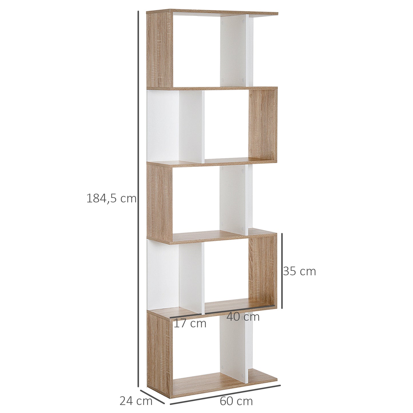 HOMCOM Estantería Librería de 5 Niveles Estantería de Madera Estantería para Libros en Forma de S Diseño Moderno para Salón Oficina 60x24x184,5 cm Blanco y Madera