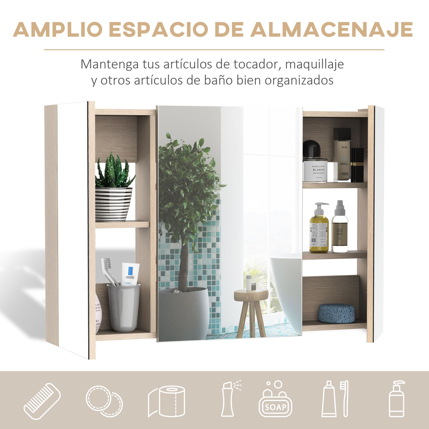 kleankin Armario de Baño con Espejo Mueble Espejo para Baño con 3 Puertas y Estantes Ajustables para Aseo Dormitorio Estilo Moderno 90x60x13,5 cm Roble