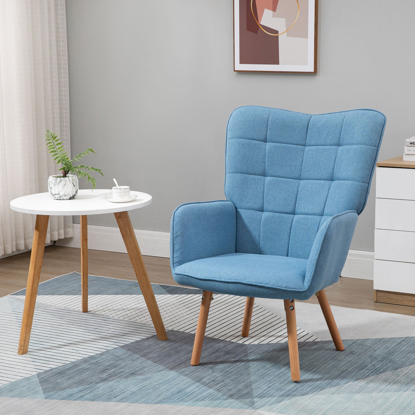 HOMCOM Sillón de Salón Moderno Butaca de Dormitorio con Respaldo Alto Reposabrazos Tela de Lino y Patas de Madera para Sala de Estar 71x76x101 cm Azul