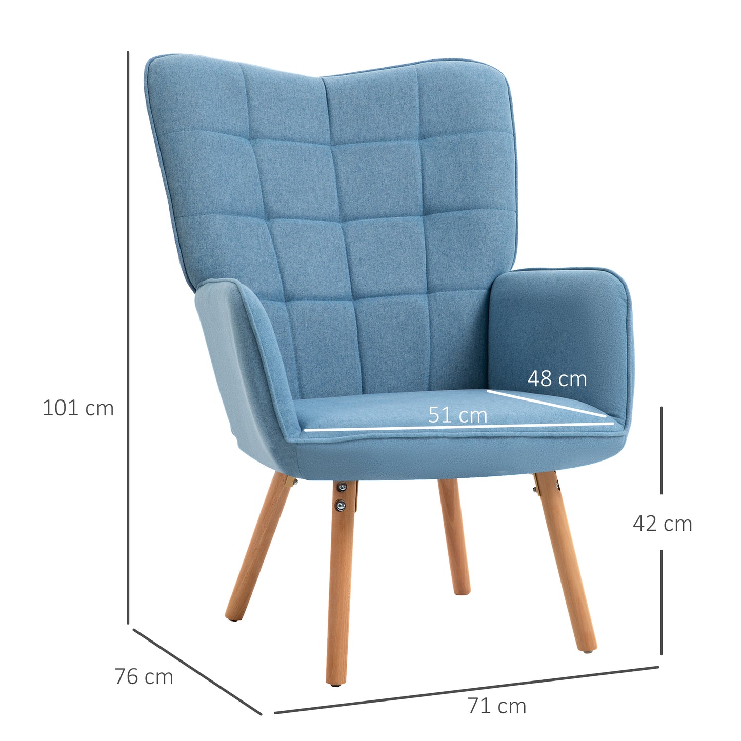 HOMCOM Sillón de Salón Moderno Butaca de Dormitorio con Respaldo Alto Reposabrazos Tela de Lino y Patas de Madera para Sala de Estar 71x76x101 cm Azul