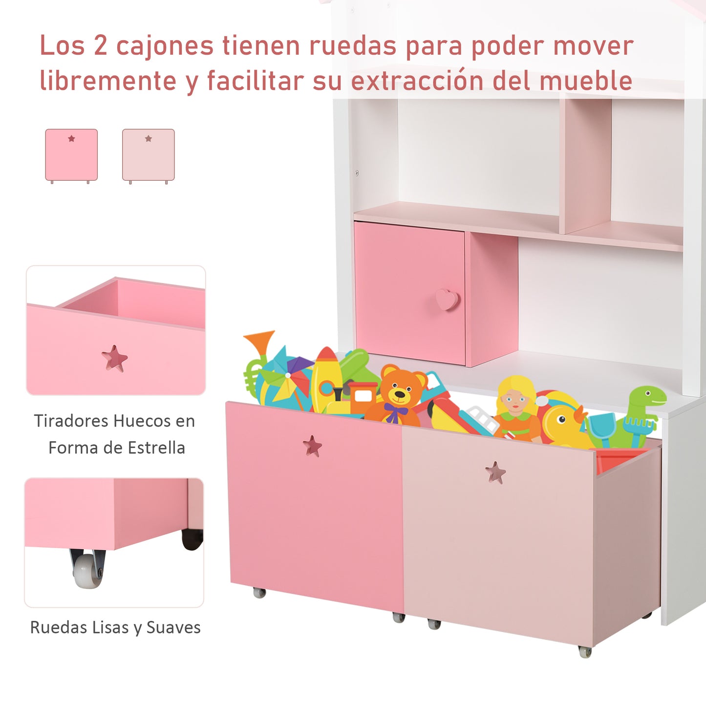 HOMCOM Estantería de Madera Infantil Librería para Niños con 4 Compartimentos 1 Puerta y 2 Cajones Extraíbles con Ruedas para Libros Juguetes 80x34x130 cm Rosa y Blanco