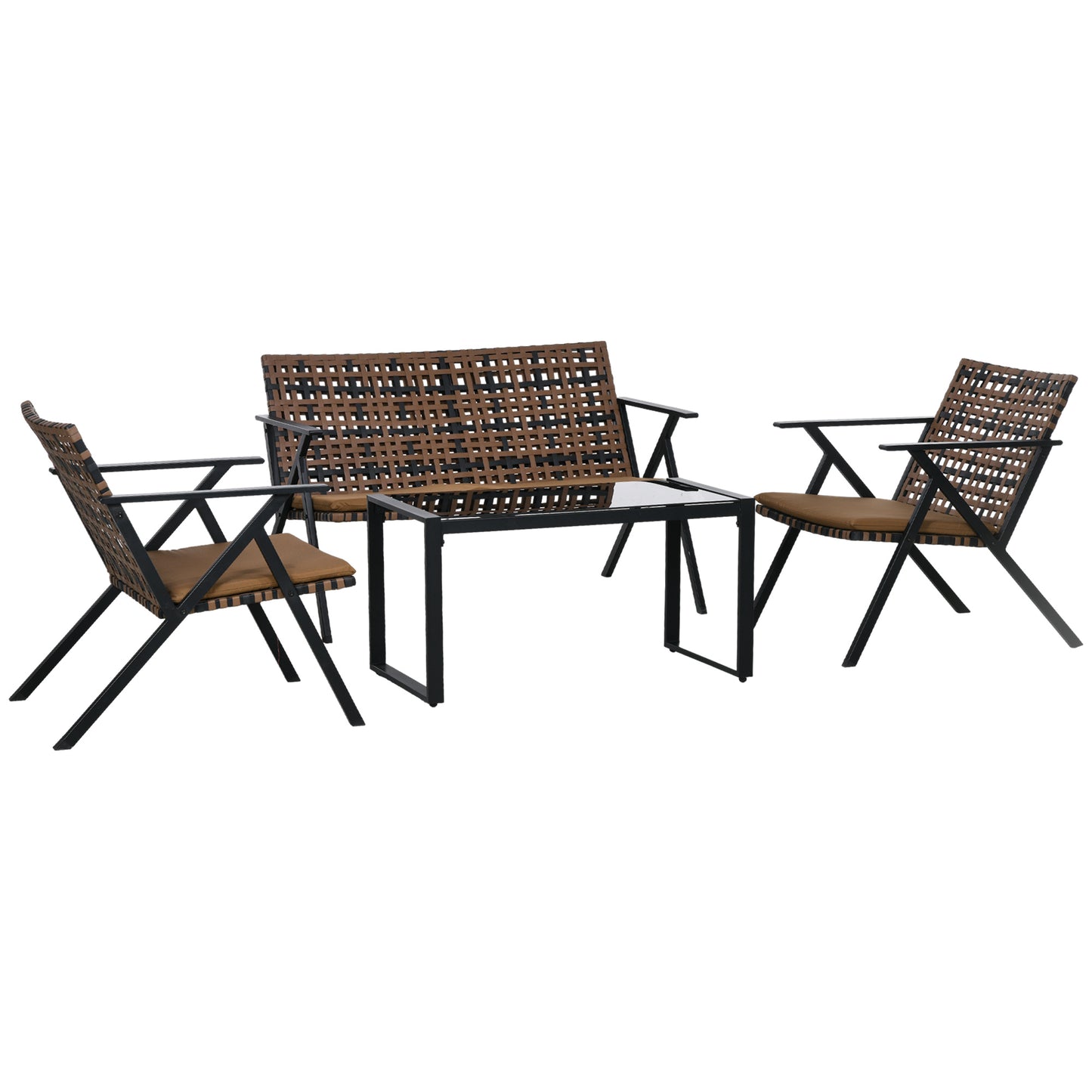 Outsunny Conjunto de Jardín de Ratán Sintético Juego de 4 Piezas Muebles de Jardín con 2 Sofás Individuales 1 Sofá de 2 Plazas y 1 Mesa de Vidrio Templado Anti-UV para Terraza Patio Marrón y Negro