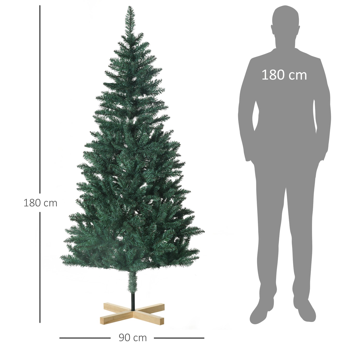 HOMCOM Árbol de Navidad Artificial 180 cm Árbol de Navidad Frondoso con 536 Ramas Apertura Automática y Base Cruzad de Madera Decoración para Interiores Ø90x180 cm Verde