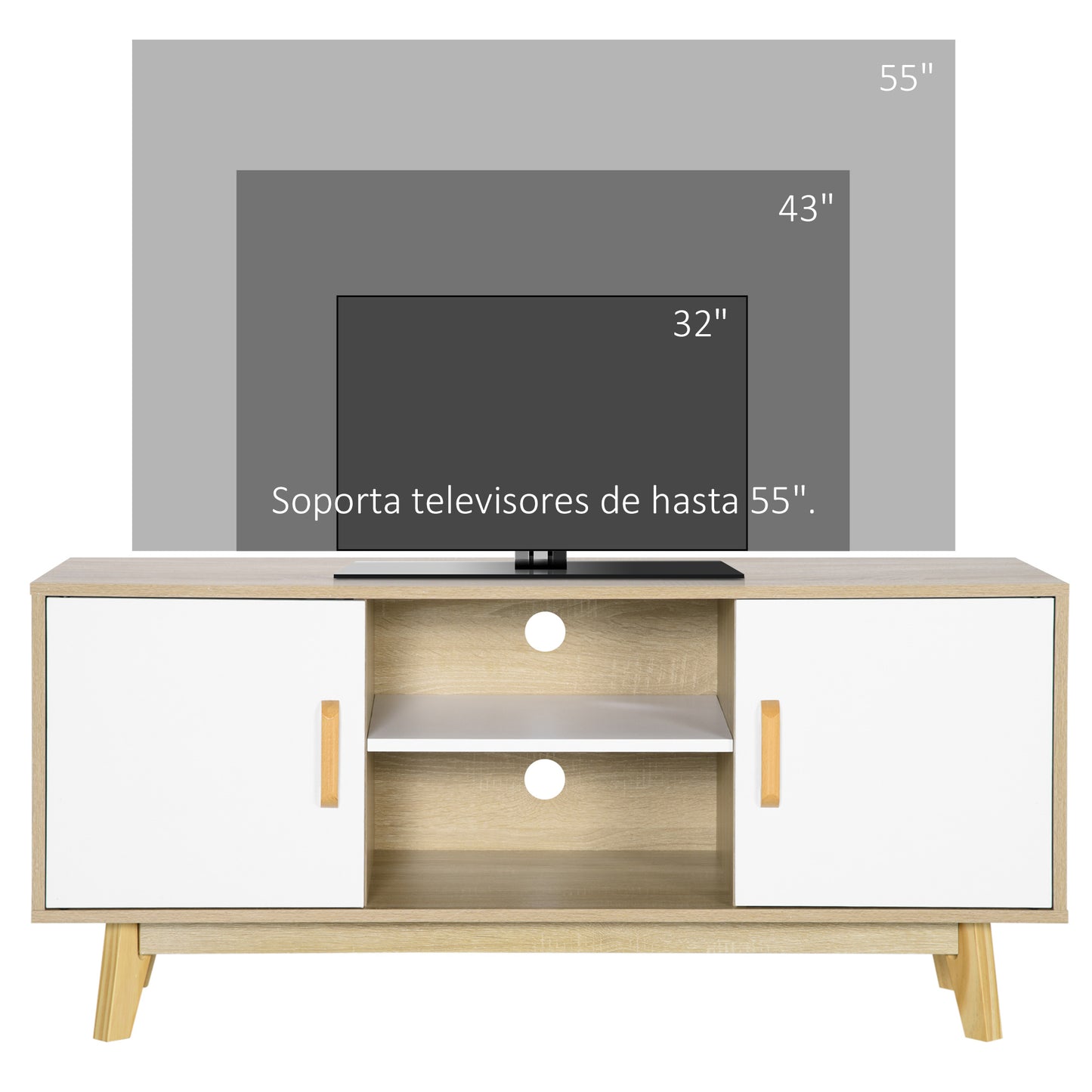 HOMCOM Mueble de TV para Televisores de hasta 55 Pulgadas Mesa para TV de Salón Moderna con 2 Puertas 2 Estantes Abiertos y Balda Interior Ajustable para Dormitorio 120x40x55 cm Natural y Blanco