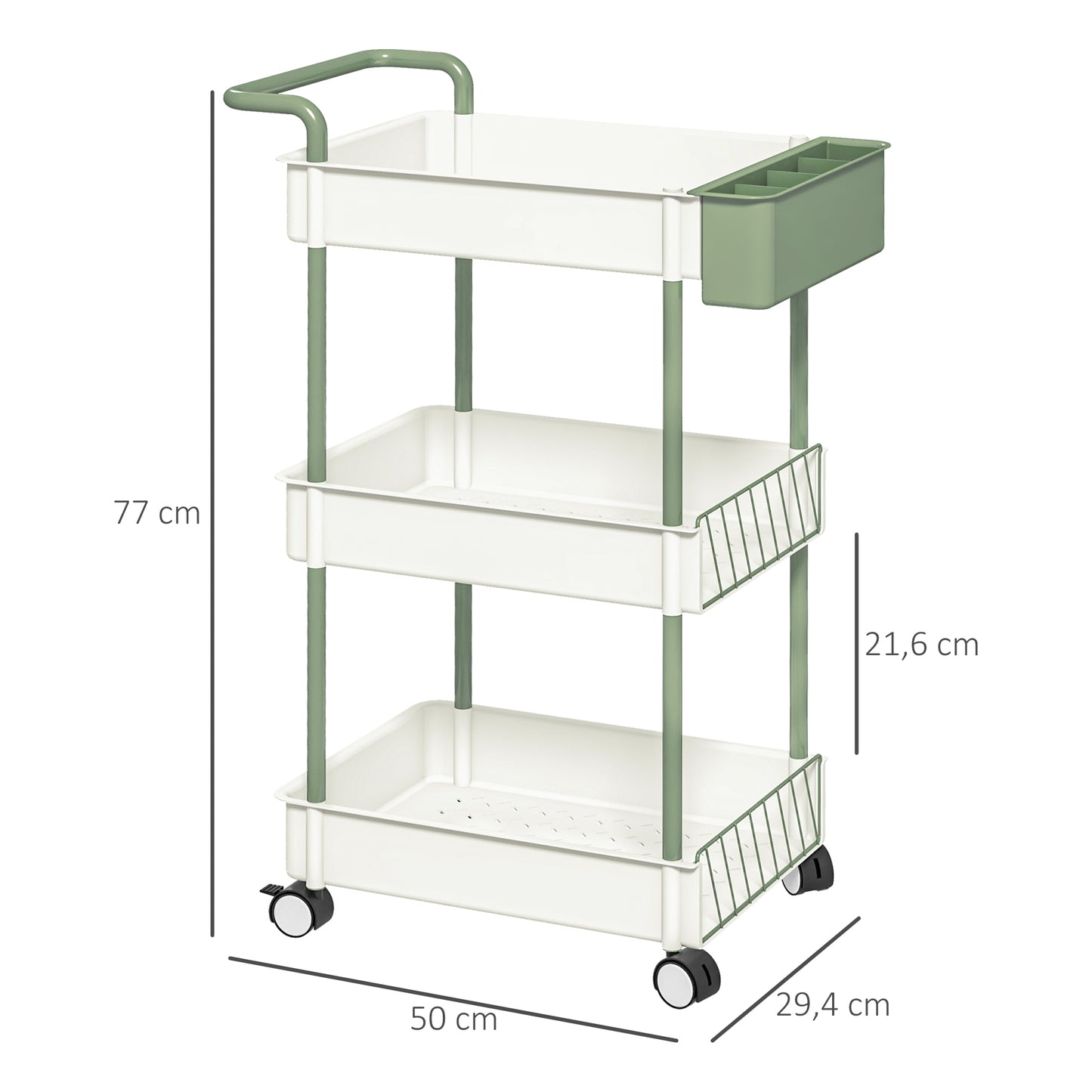 HOMCOM Carrito de Almacenamiento de 3 Niveles Carrito de Cocina con Asa y Caja Extraíble para Salón Comedor Oficina Baño 50x29,4x77 cm Blanco