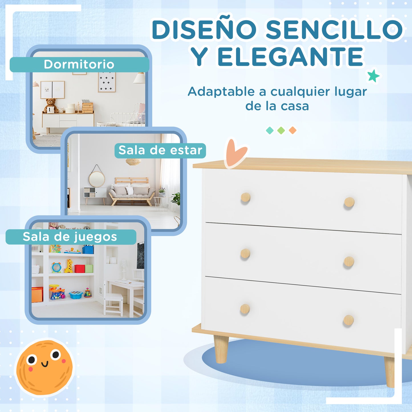 ZONEKIZ Cajonera Infantil +3 Años con 3 Cajones Cómoda Auxiliar con Patas de Madera Almacenaje de Juguetes Ropas Libros para Habitación de Niños 80x40x75 cm Blanco y Natural