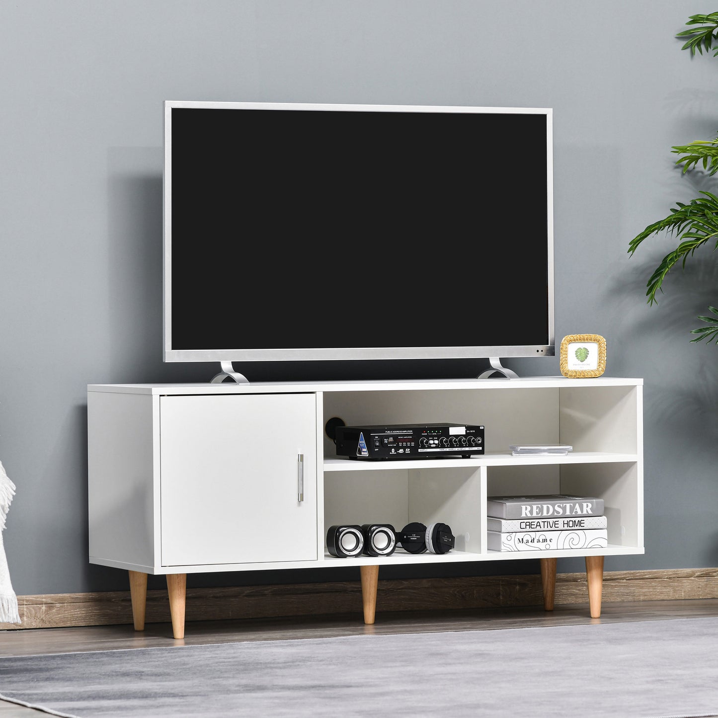 HOMCOM Mueble de TV para Televisores de hasta 60" Mesa para TV de Salón Comedor Moderna con Armario y 3 Compartimentos 120x40x55 cm Blanco