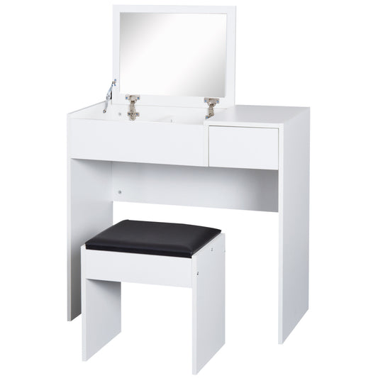 HOMCOM Tocador de Maquillaje con Taburete Mesa de Maquillaje con Espejo Tapa Abatible y Cajas de Almacenamiento 80x40x79 cm y 40x30x40 cm Blanco