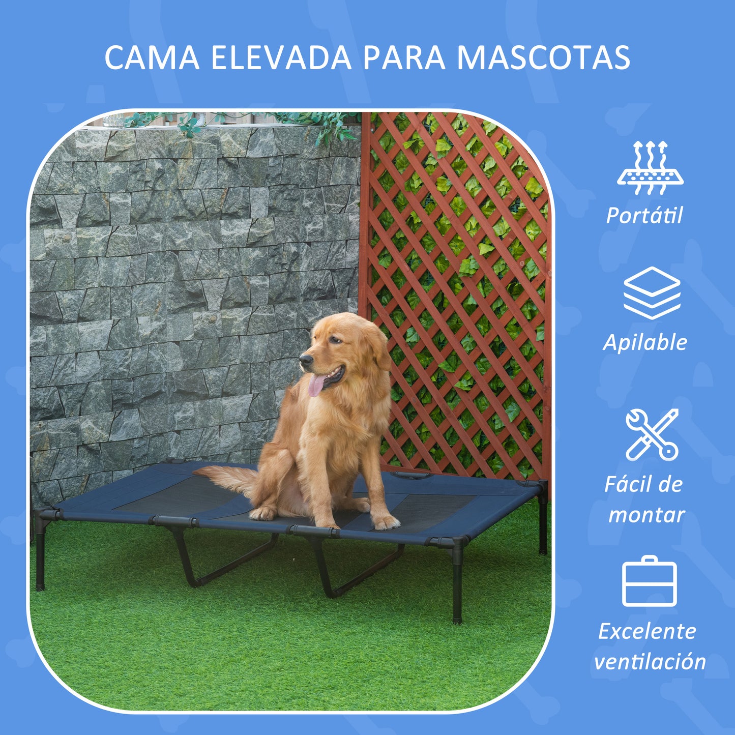 PawHut Cama Elevada para Perros Gatos Portátil Cama para Mascotas con Zona de Malla Transpirable y Tela Oxford para Interior Exterior 122x92x23 cm Azul