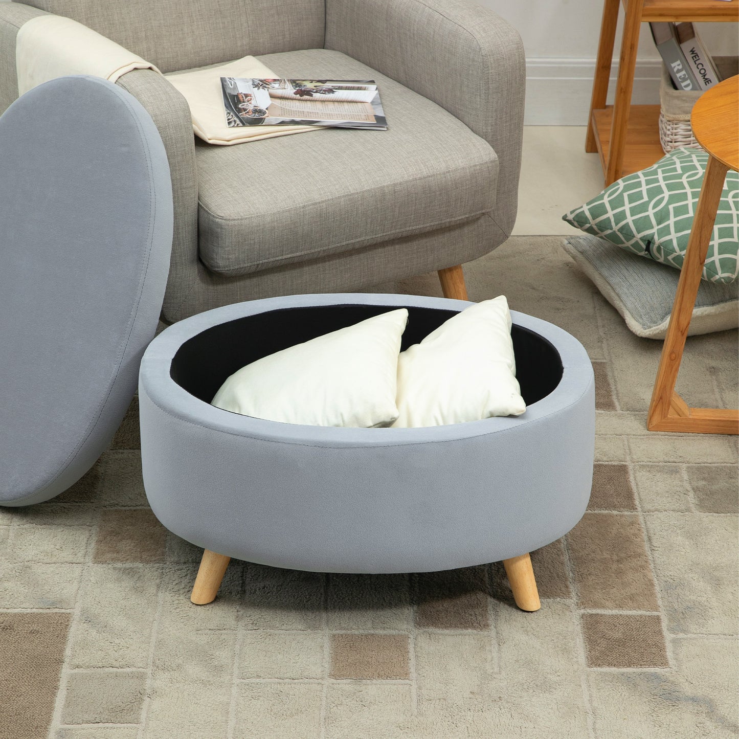 HOMCOM Otomana Puff Tapizada en Terciopelo Acolchada Taburete de Almacenaje con Tapa Extraíble y Patas de Madera para Dormitorio Salón Pasillo 71x51,5x42 cm Gris