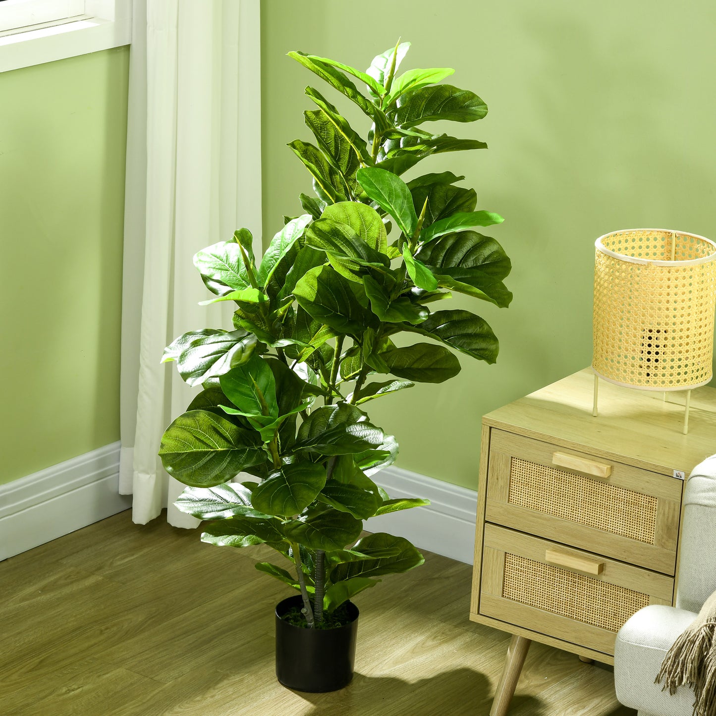 HOMCOM Planta Ficus Artificial 110 cm Árbol Artificial con 90 Hojas Musgo y Maceta Planta Artificial Decorativa para Interior y Exterior Hogar Salón Verde