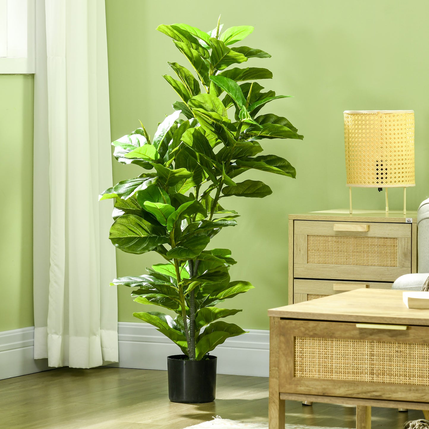 HOMCOM Planta Ficus Artificial 110 cm Árbol Artificial con 90 Hojas Musgo y Maceta Planta Artificial Decorativa para Interior y Exterior Hogar Salón Verde